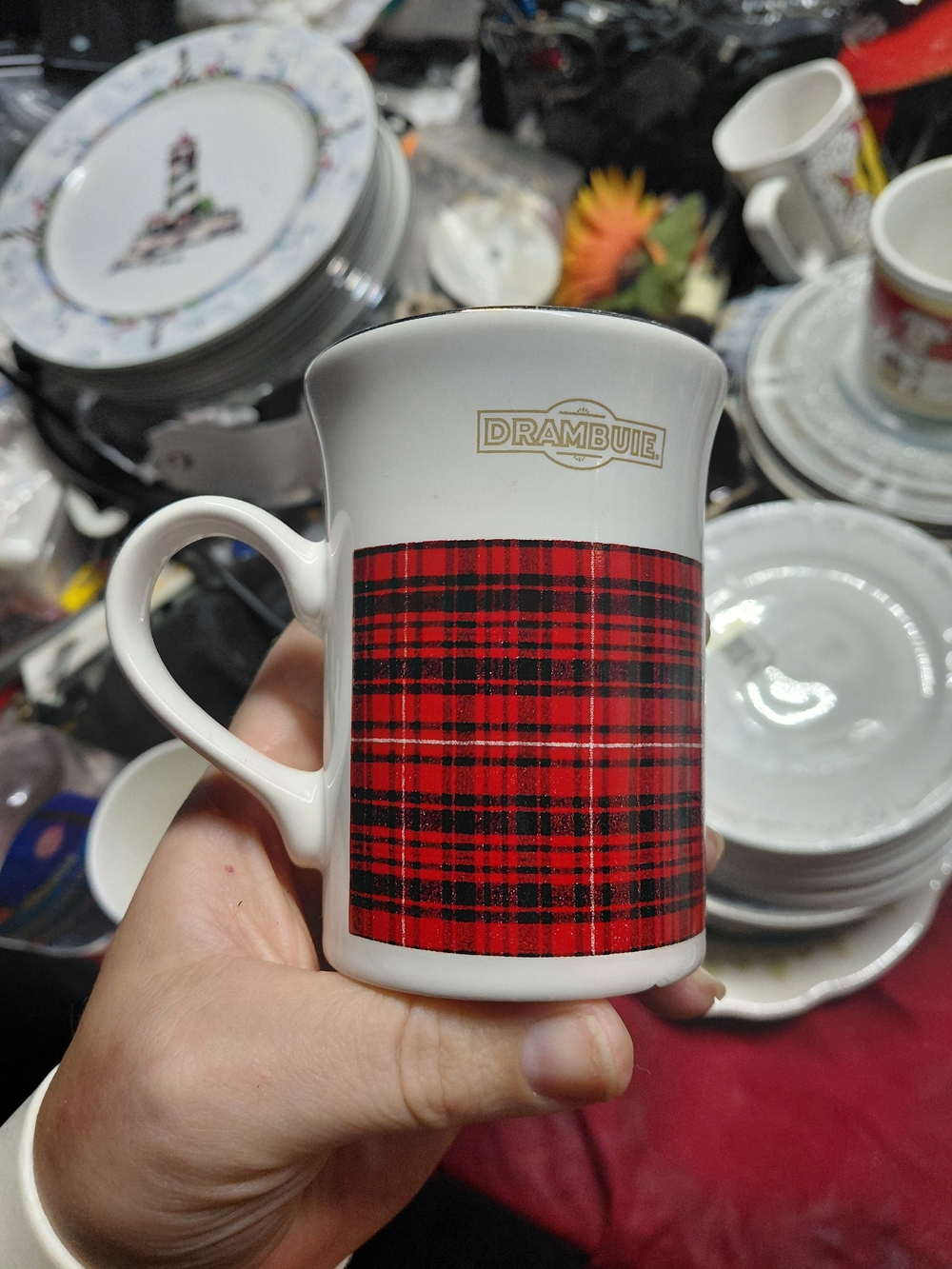 vintage Kilncraft England Drambuie coffee mug featuring a red and black tartan p